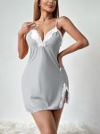 Sexy Solid Slip Nightdress Contrast Lace Trim V Neck Side Split Sleep MINI Dress Women's Sleepwear & Dresses