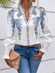 Floral Print V-neck Blouse Elegant Long Sleeve Shirred Cuff Blouse For Spring & Fall Women's Clothing