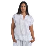 Striped Mandarin Linen Shirt - White L xl