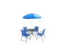 Hazlo 6 Piece Outdoor Folding Dining Round Glass Patio Table Chair Set With Umbrella - Blue