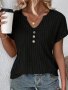 Plus Size Solid Ribbed T-Shirt Casual V Neck Short Sleeve T-Shirt Women's Plus SizeClothing