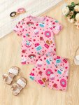 2PCS Girls Set Donuts Print Short Sleeve Tee + Shorts - Spring summer Clothes Sweet Fashion Outfits