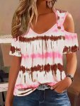 Tie Dye Print Cold Shoulder T-Shirt Casual Short Sleeve Ring Detail Top Women's Clothing