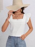 Solid Square Neck Blouse Elegant Ruffle Sleeve Top For Spring & Summer Women's Clothing