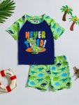 Boy's Cartoon Dinosaur Print Swimsuit 2-PIECE Set Tops & Shorts Elastic Swimsuit Summer Beach Vacation Casual Children's Clothin