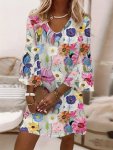Floral Print V Neck A-line Dress Casual Flare Sleeve MINI Dress For Spring & Fall Women's Clothing