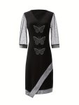 Contrast Mesh Butterfly Pattern Dress Elegant Bodycon V Neck Dress Women's Clothing For Elegant Dressing