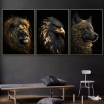 3PCS Unframed Canvas Poster Modern Art Abstract The Golden Lion And Eagle Art Painting Ideal Gift For Bedroom Living Room Corrid