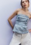Denim Bustier Peplum Top - Pale Denim Blue
