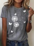 Dandelions & Butterfly Print T-Shirt Casual Crew Neck Short Sleeve T-Shirt For Spring & Summer Women's Clothing