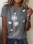 Dandelions & Butterfly Print T-Shirt Casual Crew Neck Short Sleeve T-shirt For Spring & Summer Women's Clothing