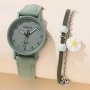 1PC Casual Round Pointer Quartz Watch Matte Fashion Analog Pu Leather Wristwatch & 1PC Daisy Bracelet For Women Students