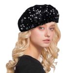 Aibearty Women Girls Sparkly Sequin Beret Hat Fashion Fun Stretch Beanie Cap Headwear For Festival Party Club Halloween Black