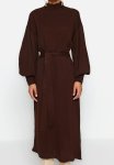 Belted Half Turtleneck Balloon Sleeve Knitwear Dress - Brown