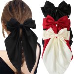 3-PIECE Set Vintage Sweet Bow Tie Hair Clips For Women And Girls - Solid Color Fabric Bow Hair Accessories With Long Ribbons - B