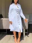 Button Front Shirt Dress Casual Solid Long Sleeve Midi Dress Women's Clothing