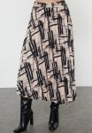 Pleated Satin Midi Skirt - Beige & Black