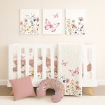 Floral Cot Bedding Set Wildflower Pink Butterfly Wildflower White