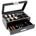 Glenor Co Valet Jewelry Box For Men - Holds 6 Watches 12 Cufflinks 2 Sunglasses Drawer & Tray Storage - Watch Case - Carbon