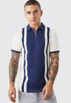 Slim Panelled Zip Neck Interlock Polo - Navy