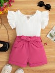 2PCS Trendy Girls Solid Flutter Trim T-Shirt Top + Shorts With Bow Belt Set For Summer Outfit