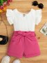 2PCS Trendy Girls Solid Flutter Trim T-Shirt Top + Shorts With Bow Belt Set For Summer Outfit