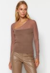 Mesh Asymmetrical Neck Top - Mink