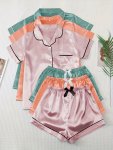 3 Sets Satin Pajamas Set Short Sleeve Lapel Buttons Top & Bow Shorts Women's Sleepwear & Loungewear