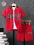 Boys Summer Outfit Casual Short Sleeve Baseball Jersey And Shorts Set With Letter Print Red And Black