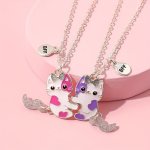 2PCS SET Cartoon Colorful Cat Pendant Necklace Creative Bff Clavicle Chain Gift For Best Friend