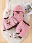 3PCS Baby Boy's Bear Embroidered Fleece Outfit Hooded Vest & Warm Sweatshirt & Pants Set Baby's Clothing For Fall Winter As Gift