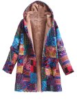 Plus Size Boho Coat Women's Plus Patchwork Print Liner Fleece Long Sleeve Button Up Hooded Tunic Coat With Pockets