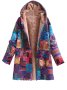 Plus Size Boho Coat Women's Plus Patchwork Print Liner Fleece Long Sleeve Button Up Hooded Tunic Coat With Pockets