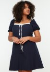 Woven Collar Detailed Dress - Navy Blue