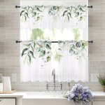 1PC VALANCE 2PCS Cafe Curtains Tiers Nordic Style Watercolor Green Plant Leaf Curtains Rod Pocket Thin Gauze Curtains Window Dec