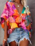 Color Block Button Front Blouse Casual Batwing Sleeve V Neck Loose Top For Spring & Summer Women's Clothing