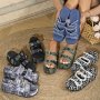 Women's Denim Camouflage Wedge Sandals Buckle Design Open Toe Summer Shoes Casual Outdoor Vacation Beach Slide Sandals