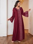 Ramadan Rhinestone V Neck Modest Dress Elegant Long Sleeve Long Length Loose Dress Women's Clothing