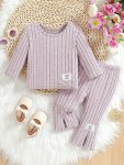 2PCS Baby's Casual Patchwork Ribbed Long Sleeve Top + Flared Pants Toddler & Infant Girl's Clothing Set