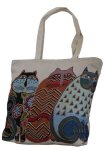 Fino Maxi Canvas Tote Bag With Cats Print Design - Beige