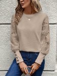 Contrast Lace Splicing Crew Neck T-Shirt Elegant Long Sleeve Top For Spring & Fall Women's Clothing