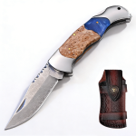 Folding Pocket Knife With Leather Sheath & Wood Handle - 21.5CM - Blue