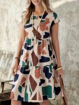Allover Print Crew Neck Dress Elegant Cap Sleeve Cinched Waist A-line Dress For Spring & Summer Women's Clothing