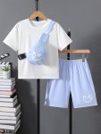 3-PIECE Boys Casual Co Ord Set Smile Face Print Versatile Short Sleeve Tee And Shorts With Bag Comfy Summer Clothes