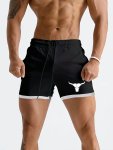 Men's Color Block Bull Graphic Print Shorts With Pockets Active Elastic Waist Drawstring Shorts For Summer