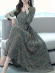 Floral Pattern Midi Dress Vintage V Neck Long Sleeve Dress Women's Clothing
