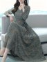 Floral Pattern Midi Dress Vintage V Neck Long Sleeve Dress Women's Clothing