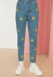 Embroidered High Waist Mom Jeans - Blue