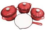 Smte Delicate 7 Piece Cast Iron Dutch Oven Cookware Pot & Stout Pan Set Red With Keychain