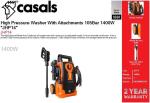 Casals High Pressure Washer With Attachments 105BAR 1400W "JHP14